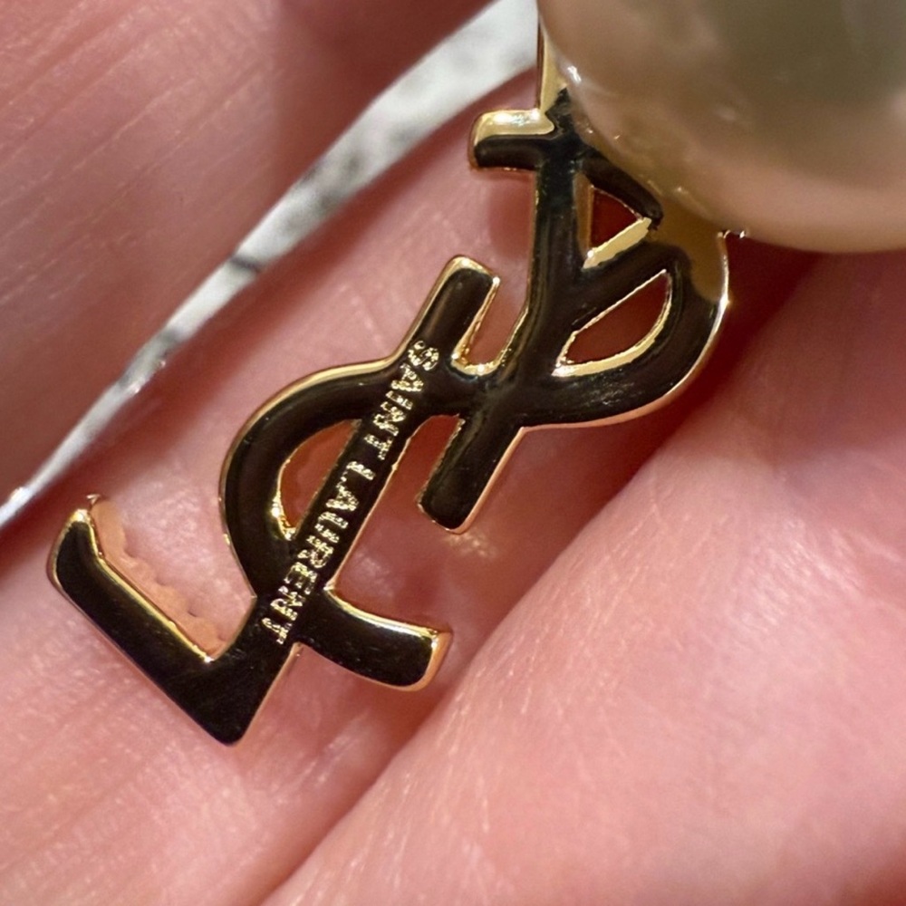 Yves Saint Laurent Gold and Pearl Logo Earrings - Picture 2 of 4